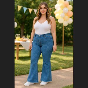 Forever 21 Floral Flared High Rise Frayed Trim Bell Bottom Jean Sz 31 Cotton EUC